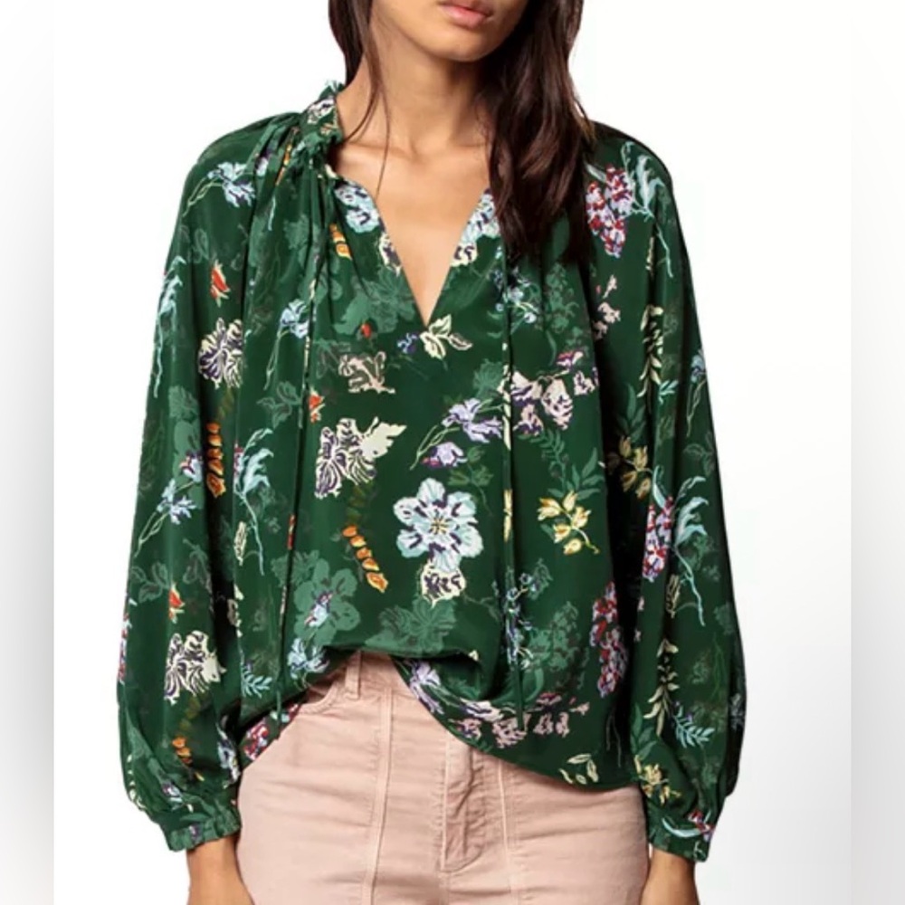 Zadig & Voltaire Green Floral Tie-Neck Blouse Theresa Silk